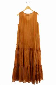 UNITED ARROWS ワンピース ノースリーブ マキシロング ティアード ストライプ Vネック 38 茶 赤