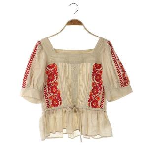 20AW ピンタック刺繍 ブラウス シャツ 半袖 プルオーバー レース ペプラム スクエアネック 36 ベージュ 赤 オレンジ /AA ■OS