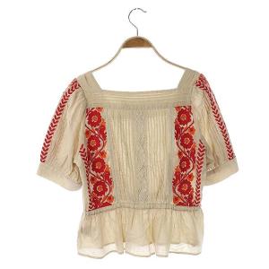 GRACE CONTINENTAL 20AW ピンタック刺繍 ブラウス シャツ 半袖 プルオーバー レース ペプラム スクエアネック 36 ベージュ 赤 オレンジ /AA ■OS