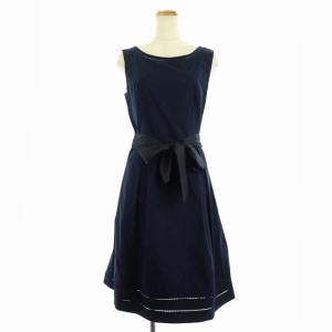 ワンピース ロング ノースリーブ フレア ウエストリボン 大きいサイズ 42 紺 ネイビー