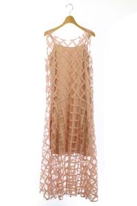 19SS チュール メッシュ マキシ ワンピース ノースリーブ フレア ロング Vネック 36 ピンク