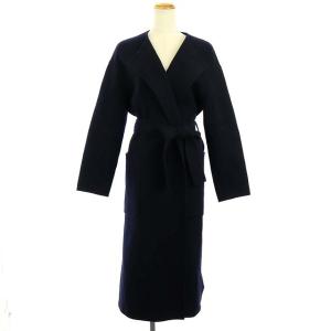 ダブルフェイスノーカラーコート ロング アウター リボンベルト付き 36 濃紺 ネイビー