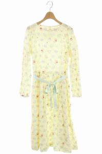 ワンピース マキシ 総柄 ギャザー ロング 長袖 M ライトイエロー