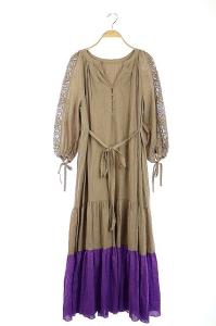 21SS 配色 ティアード カフタンワンピース フレア ロング 切替 レース 長袖 36 グレージュ 紫 パープル