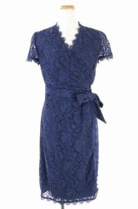 総レース ラップドレス ワンピース カシュクール フレア ひざ丈 半袖 2 ネイビー