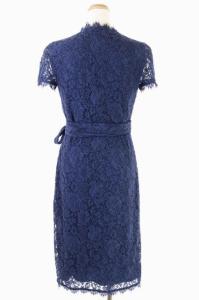 DIANE von FURSTENBERG 総レース ラップドレス ワンピース カシュクール フレア ひざ丈 半袖 2 ネイビー