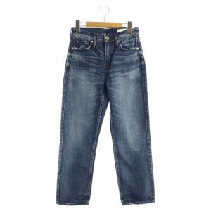 ミッドライズアンクル ストレートデニム パンツ ジーンズ ダメージ加工 22 青 ブルー