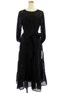 21SS タフタロングティアードワンピース ロング 七分袖 レース切替 フレア 36 ブラック