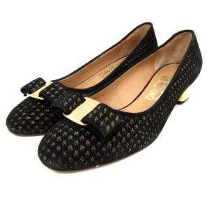 パンプス チャンキーヒール 千鳥格子 ヴァラ 5.5C 23cm ブラック ゴールド