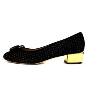 Salvatore Ferragamo パンプス チャンキーヒール 千鳥格子 ヴァラ 5.5C 23cm ブラック ゴールド