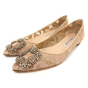 ハンギシ フラット HANGISI FLAT パンプス フラットシューズ ポインテッドトゥ レース ビジュー 38 24cm