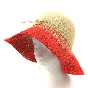 帽子 麦わら帽子 ストローハット ラフィア グラデーション ベージュ レッド