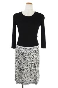 レオパード 切替 ニットワンピース リブ 八分袖 36 ブラック
