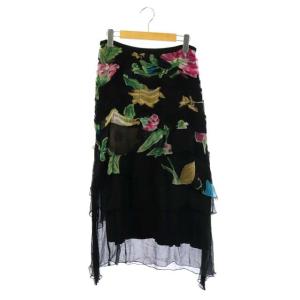 イッセイミヤケ フラワープリント ギャザー ティアード ロングスカート フレア ミモレ丈 1 ブラック マルチカラー