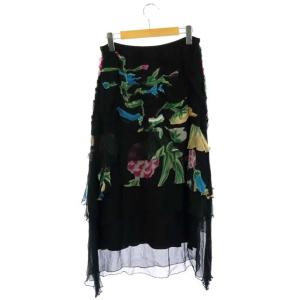 HaaT イッセイミヤケ フラワープリント ギャザー ティアード ロングスカート フレア ミモレ丈 1 ブラック マルチカラー