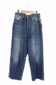 ダメージ加工ストレートデニム パンツ ジーンズ ワイド バギー ボタンフライ 27 青 ブルー G33WP184