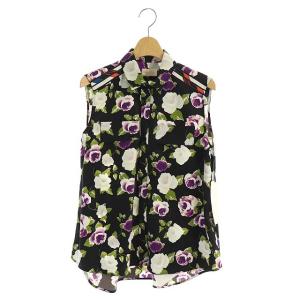 19AW フラワープリント ライン ノースリーブブラウス シャツ 38 黒 ブラック マルチカラー