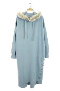 20SS ファーフードニットワンピース ロング 長袖 36 ライトブルー