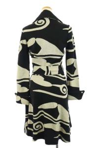 DIANE von FURSTENBERG 総柄 ロングコート ウール混 リボンベルト付き 2 ブラック ホワイト