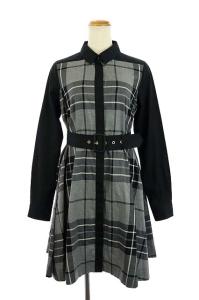 シャツワンピース ひざ丈 長袖 フレア チェック ベルト付き