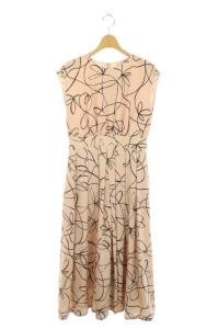 20SS ラインプリント ウエストタックワンピース フレア ロング ノースリーブ 36 ピンク 黒 ブラック