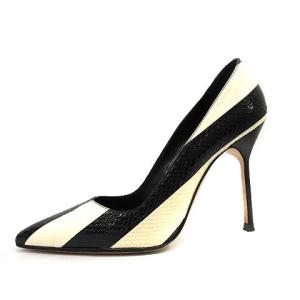 パンプス ピンヒール ポインテッドトゥ パイソン型押し レザー バイカラー 38 ブラック