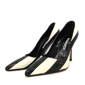 MANOLO BLAHNIK パンプス ピンヒール ポインテッドトゥ パイソン型押し レザー バイカラー 38 ブラック