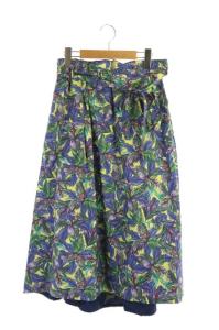 フラワープリント スカート フレア タック ロング ウエストリボン マルチカラー ブルー