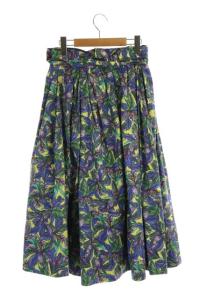 Drawer フラワープリント スカート フレア タック ロング ウエストリボン マルチカラー ブルー