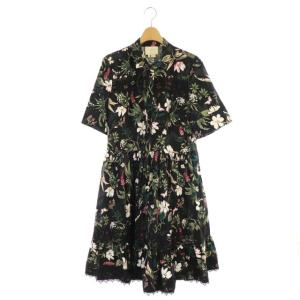 botanical poplin dress ワンピース ロング 五分袖 ボタニカル柄 フレア レース 10 黒 ブラックマルチ