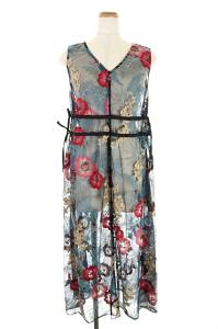 20SS ワンピース ボタニカル バード刺繍 ノースリーブ ロング 36 黒 ブラック マルチカラー