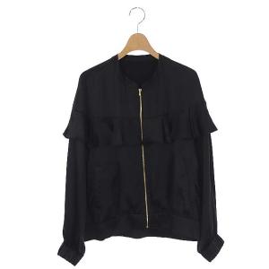 サテンフリルブルゾン ジャケット ジップアップ 薄手 36 黒 ブラック