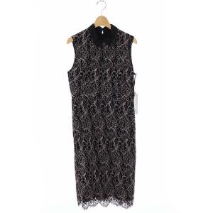 19SS バイカラー レース ワンピース ノースリーブ タイト 膝丈 スカラップ 襟付き 36 ピンク 黒 ブラック