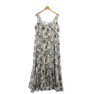 MARIHA 海の月影のドレス ビッグフラワー ワンピース ノースリーブ フレア ロング タック ラウンドネック 36 白 紺 黒 ホワイト