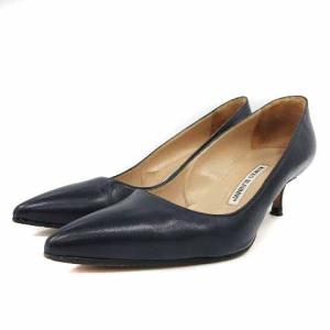 パンプス ポインテッドトゥ レザー ヒール 39 26cm 紺 ネイビー