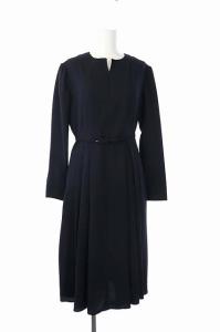 19AW バックサテンタックワンピース 長袖 ミモレ丈 フレア ベルト付き 38 濃紺 ダークネイビー