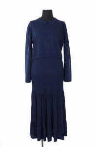20SS 衿付きニットワンピース 長袖 マキシ丈 フレア 38 紺 ネイビー
