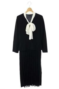 20AW ボウタイシフォンニットワンピース 長袖 マキシ丈 フレア リブ 38 黒 白 ブラック ホワイト