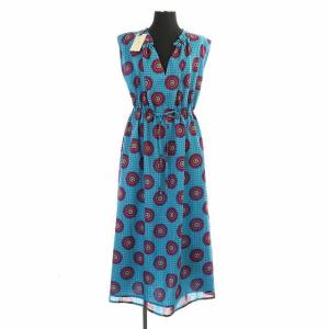 19SS アフリカンプリントワンピース ロング マキシ Vネック ノースリーブ 総柄 ドット 水玉 36 青 ブルー ピンク