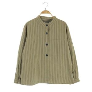 MHL. 19AW COTTON OXFORD STRIPE シャツ 長袖 プルオーバー ストライプ 胸ポケット バンドカラー 2 カーキ