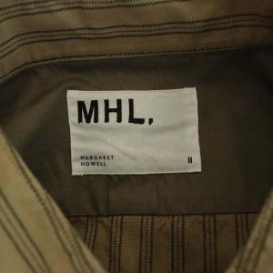 MHL. 19AW COTTON OXFORD STRIPE シャツ 長袖 プルオーバー ストライプ 胸ポケット バンドカラー 2 カーキ