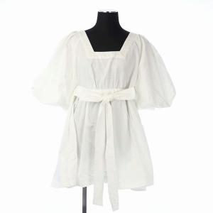 21SS タフタバルーンスリーブトップス ブラウス バックV 五分袖 チュニック丈 フレア 36 白 ホワイト