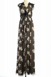 マディソンアベニュー ビジューフラワー柄ワンピース ロング ノースリーブ シルク シフォン 4 黒 ブラック ピンク