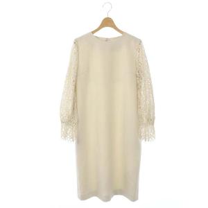 20SS ドライダブルクロスレースコンビ クルーネックワンピース 膝丈 長袖 36 ベージュ