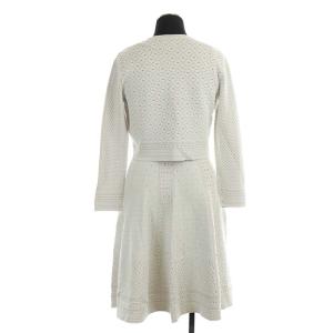 PAULE KA カットワーク ジャケットワンピースセットアップ ニット ノーカラージャケット 膝丈 ノースリーブ フレア S ピンク 白 ホワイト