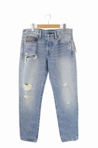 刺繍加工デニムパンツ ジーンズ テーパード ボタンフライ 26 青 ライトブルー