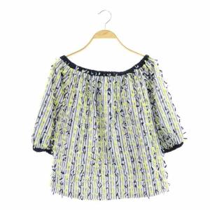 19SS ボーダーカットジャガードトップ ブラウス 七分袖 36 ネイビー ホワイト