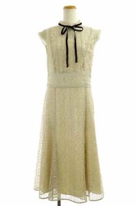 20AW タイルレースワンピース ノースリーブ タイト ロング リボン付き 36 ライトベージュ