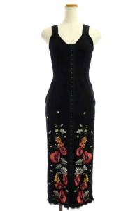 刺繍タイトニットワンピース ロング ミモレ ノースリーブ 花柄 36 黒 ブラック