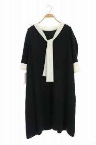 19AW ボウタイ Aライン ワンピース 五分袖 フレア 膝丈 38 黒 白 ブラック ホワイト